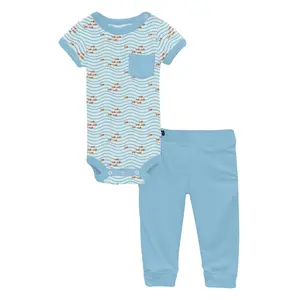 Print Short Sleeve Pocket One Piece & Pants Outfit Set in Fresh Air Little Fishy