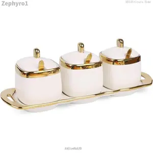 Sugar Bowl with Lid and Spoon,Ceramic Condiment Jars  Container with Tray,Salt and Sugar Containers, Condiment Canisters Pots Seasoning Box Set of 3 for Kitchen Coffee Bar,WhiteZephyroAAGlowHub30AB14Veloura Home