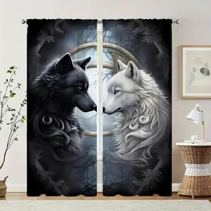 2 Piece Wolf Print Curtains, Fashionable Rod Pocket Window Drapes for Bedroom and Living Room, Easy Installation