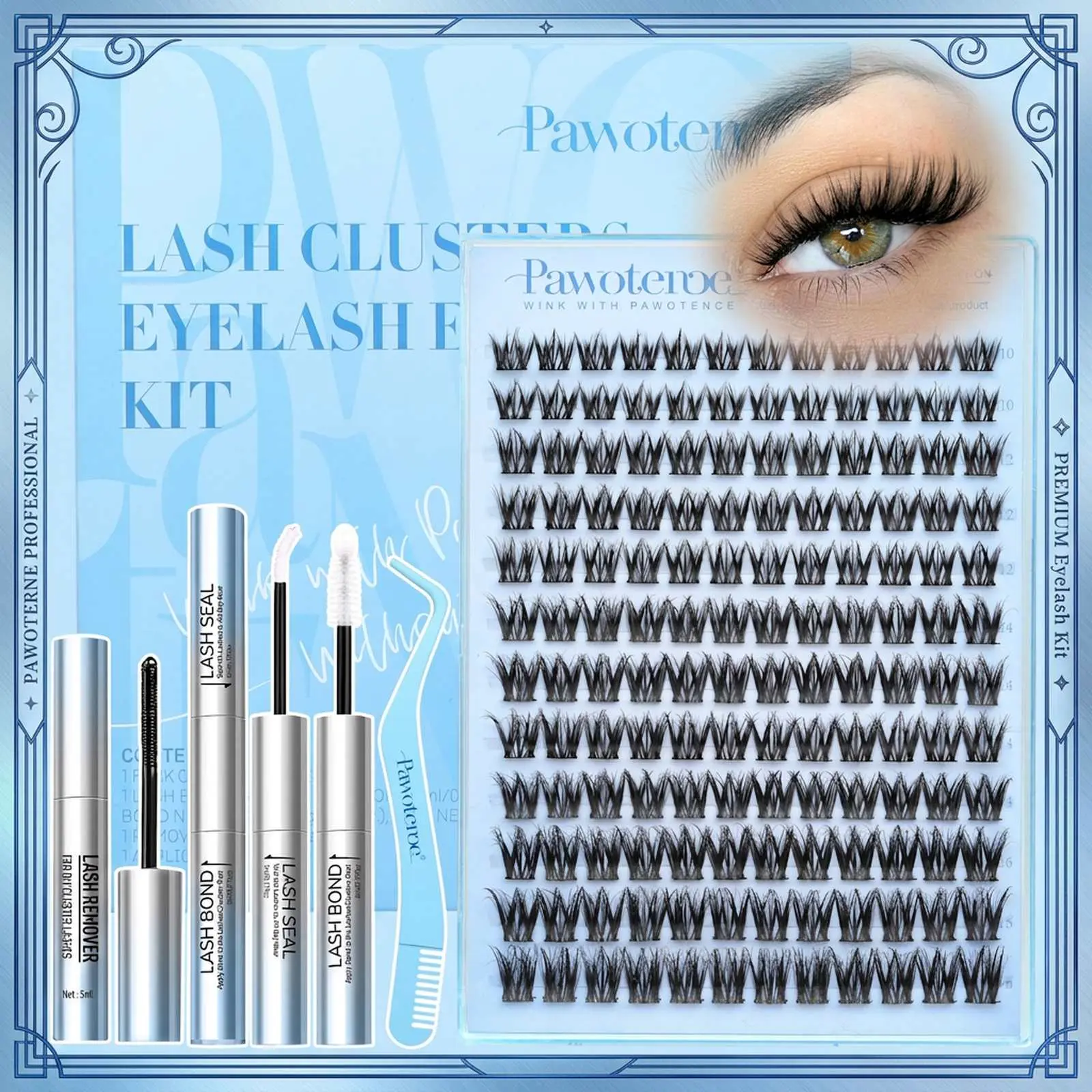 Pawotence Natural Wispy Lash Clusters Kit Spider Cluster Lashes D Curl Lash Extensions Comfortable, Super Soft, Thin Band, Long Lasting Eyelashes DIY Lash Extensions for Birghten Your Eyes Daily Makeup Beginner Friendly