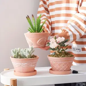 Clay Succulent Pot with Tray, Leaf Fruit Grid Pattern, Vintage Artistic Design, Breathable Ceramic Planter, Garden Decor