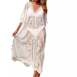 Women Sexy Lace V-Neck Mesh Sheer Bathing Swimsuit Cover Up Swimwear Short Summer Beach Loose Bikini Beach Dresses Casual Summer Outfits