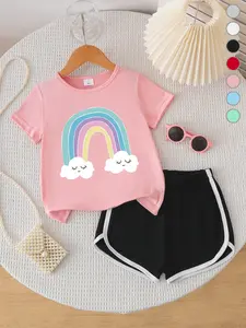 Summer Girls Casual Sporty Short Sleeve Shorts Set, Macaron Rainbow Print Top, Soft Breathable Comfort, Perfect for Outdoors & Home, Casual Outfit Set