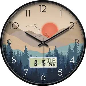 12" Silent Non-Ticking Wall Clock, Wilderness Sunset, Battery Operated with LCD Date Day Temp Display, for Living Room Home Office Bedroom Farmhouse