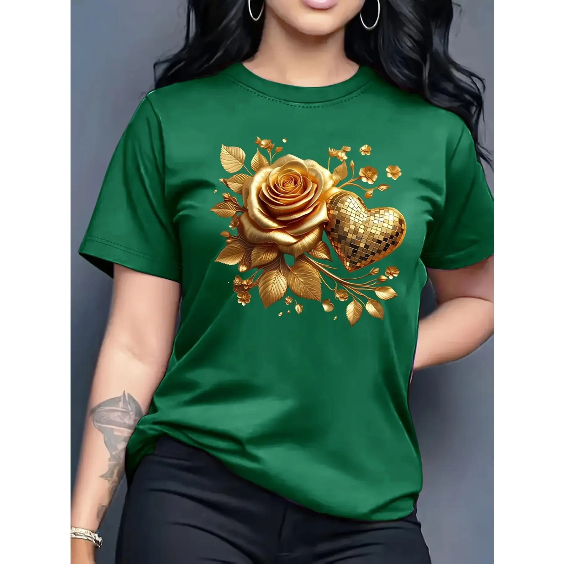Women's 100% Cotton Smooth Fabric Short Sleeve Basic Tee - Unisex Gold Rose & Disco Heart Printed T-Shirt, Perfect Fit Stylish Top for Casual Daily Wear & Special Occasions