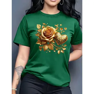 100% Cotton Women's Short Sleeve T-Shirt Elegant Gold Rose And Disco Heart Graphic Tee Luxurious And Stylish Top For Casual Daily Wear Special Occasions And Fashion - Forward Style Statements