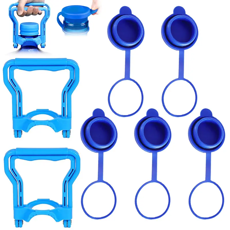 5Pcs Silicone-Plastic 5-Gal Water Jug Cover & 2Pcs Gal Water Kettle Handle Kit, Non-Spill Reusable Replacement Lids, Heavy-Duty Indoor Holder for Automotive Carrying Needs