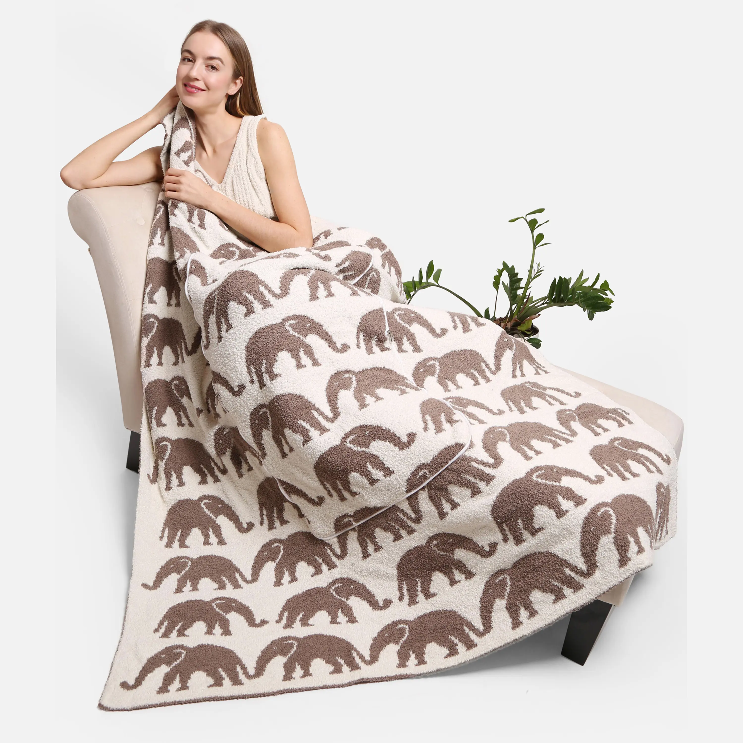 ComfyLuxe Elephants Pattern Luxury Soft 2-IN-1 Throw Blanket & Pillow