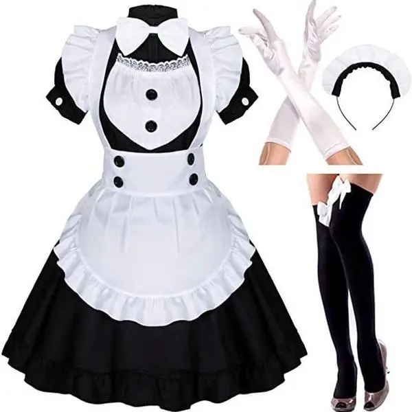 French Maid Costume for Women, Silent Girl Lolita Cosplay Outfit Set with Headwear, Gloves, and Socks for Role-Playing Performance, Silent Girl: Maidoutfit +Headwear + Gloves + Socks