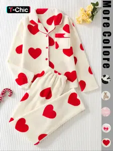 Two-piece Women's All-Over Cartoon Bear Print Lapel Collar Flannel Top & Elastic Waist Pants Pajama Set, Long Sleeve Button Up Top & Pants Set, Women's Sleepwear, Loungewear & Homewear for Winter, Fit, Pjs