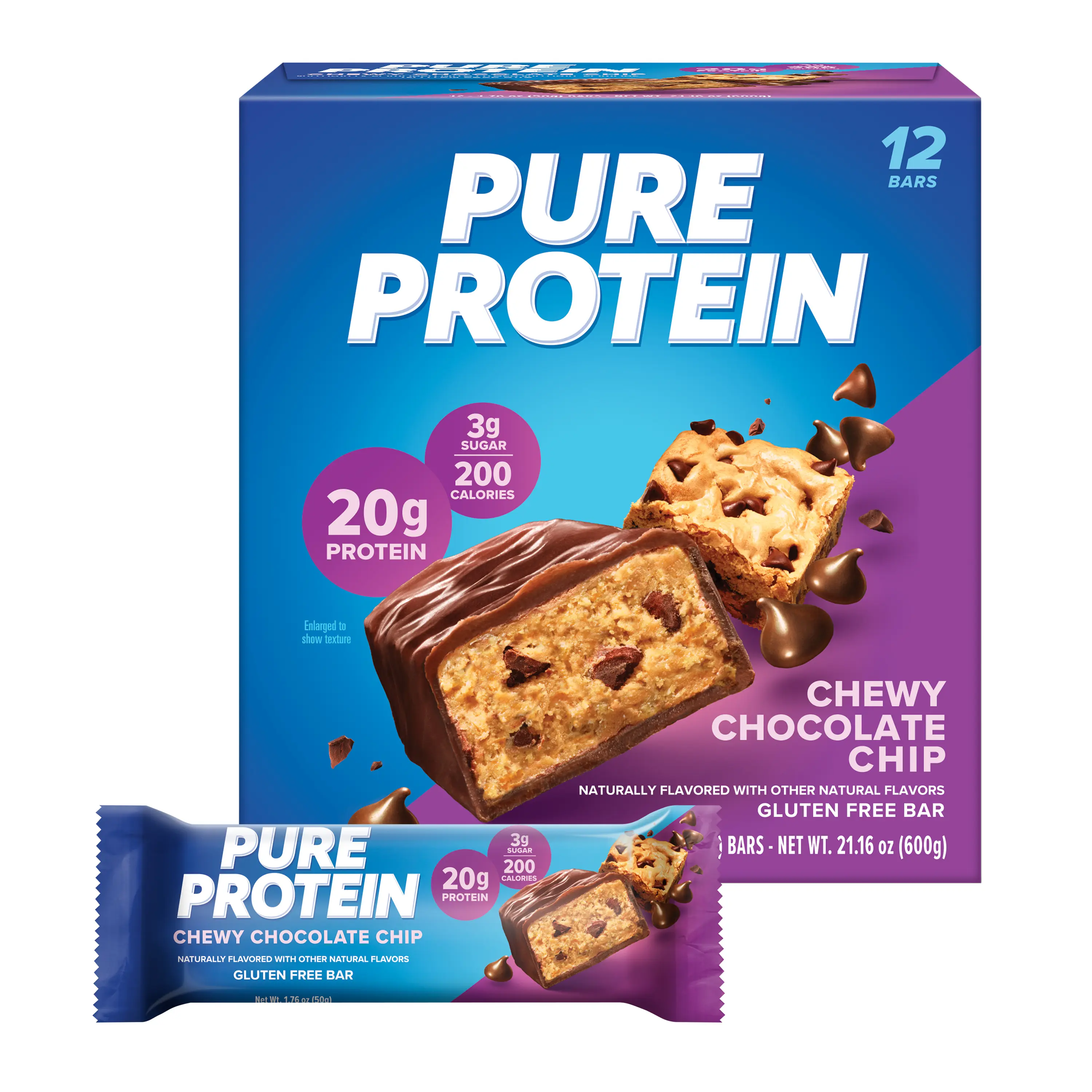 Pure Protein Chewy Chocolate Chip Protein Bars – 20g Protein, 3g Sugar, 200 Calories (12 count) Low Sugar* High Protein Snack - Gluten Free - Perfect for a Healthy Snack