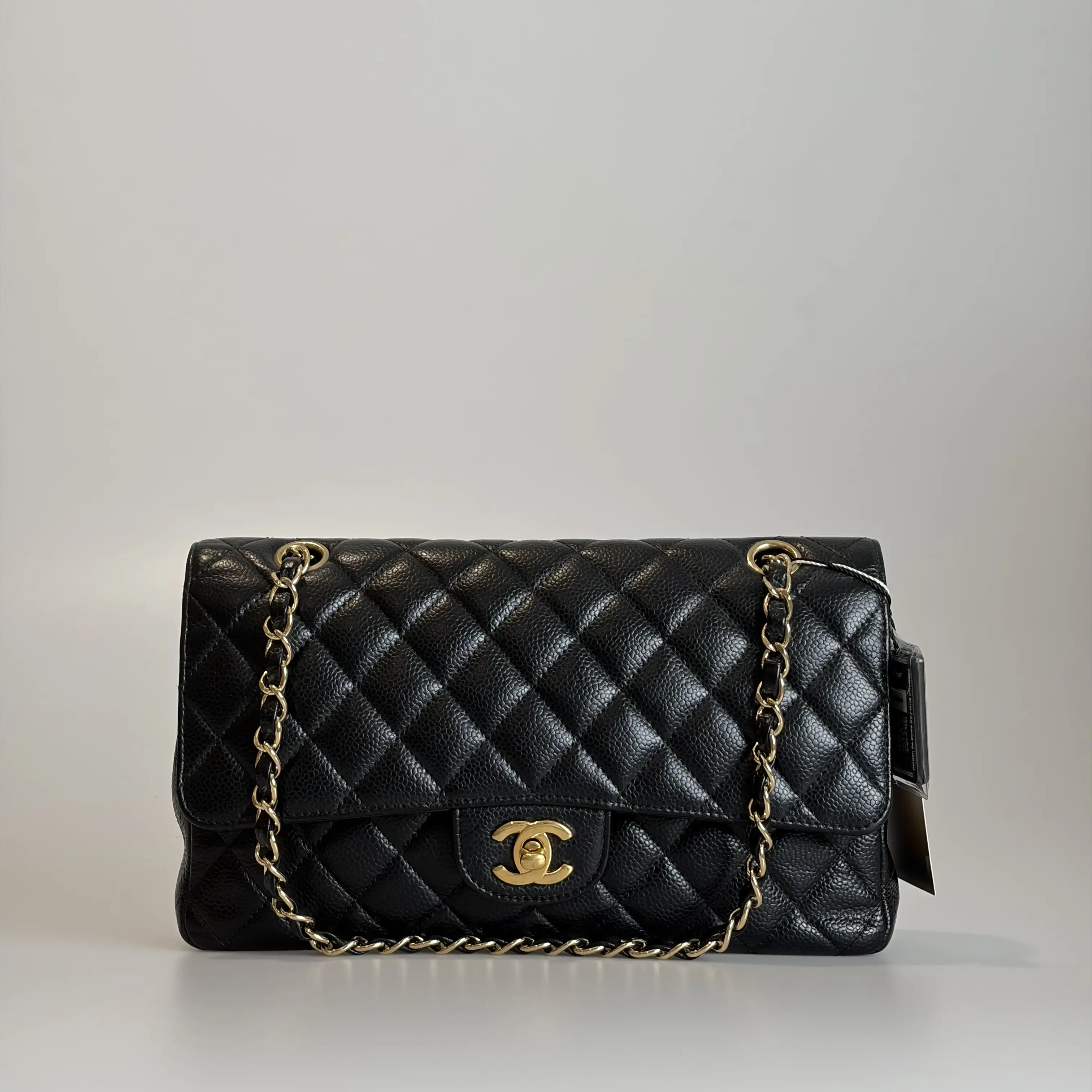 Pre-owned CHANEL Caviar Calfskin Crossbody Bag Classic Flap Medium Double Flap Black Quilted Gold Tone Hardware 82565437 Sold As Is / Final Sale