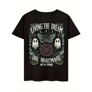 Spooky Ghost & Moth Oversized T-Shirt, Black Whimsical Graphic Top, Cozy Casual Shirt, Great For Weekend Hangouts & Effortless Vibe Matching
