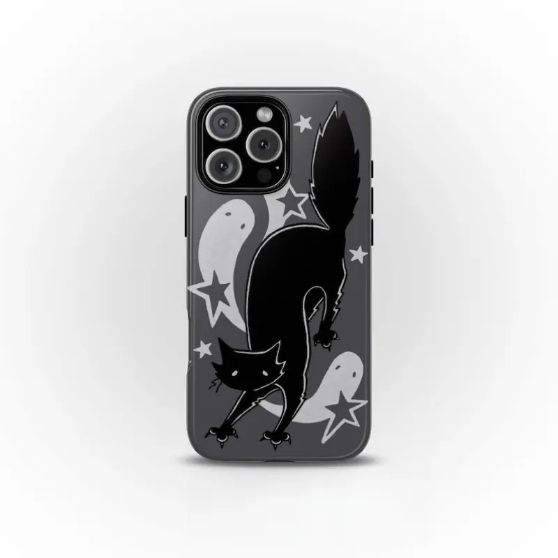 Scaredy Cat Grey Smartphone Case, Y2K Cute Halloween Grunge Gothic Indie Art Design, Cool Girl Cellphone Accessory, Handheld Shell Compatible with iPhone 11/12/13/14/15/16/17 Pro, ProMax, Plus, Air