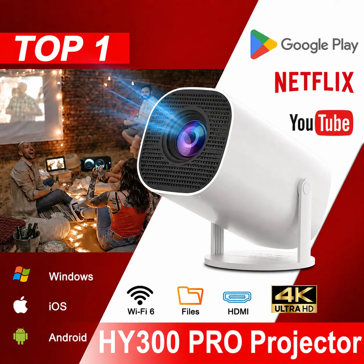 Home Movie Projector With Netive 720P WiFi 6 Bluetooth Android 13 290 ANSI Lumens Automatic Keystone Works with Phone&iOS Device Device Wired Audio & Gaming #US Warehouse