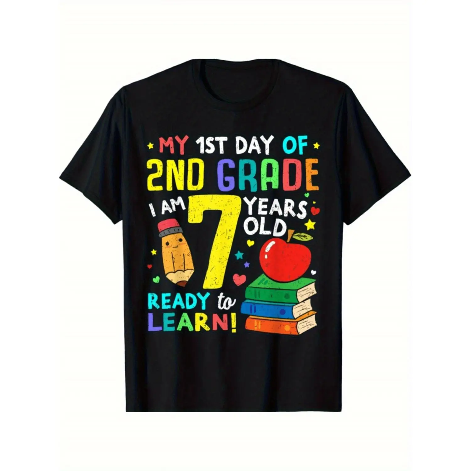 First Day Of Second Grade Cotton T-shirt for Boys and Girls Age Seven Ready To Learn School Graphic Print Crew Neck Short Sleeve Kids Back To School Gift