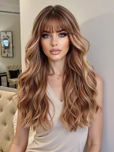 Highlights Wig, 24 Inch High Temperature Fiber, Bangs Long Curly Hair Cap, Daily Fashion Suitable for Any Occasion, Synthetic Material Wigs, Heat Resistant Wigs