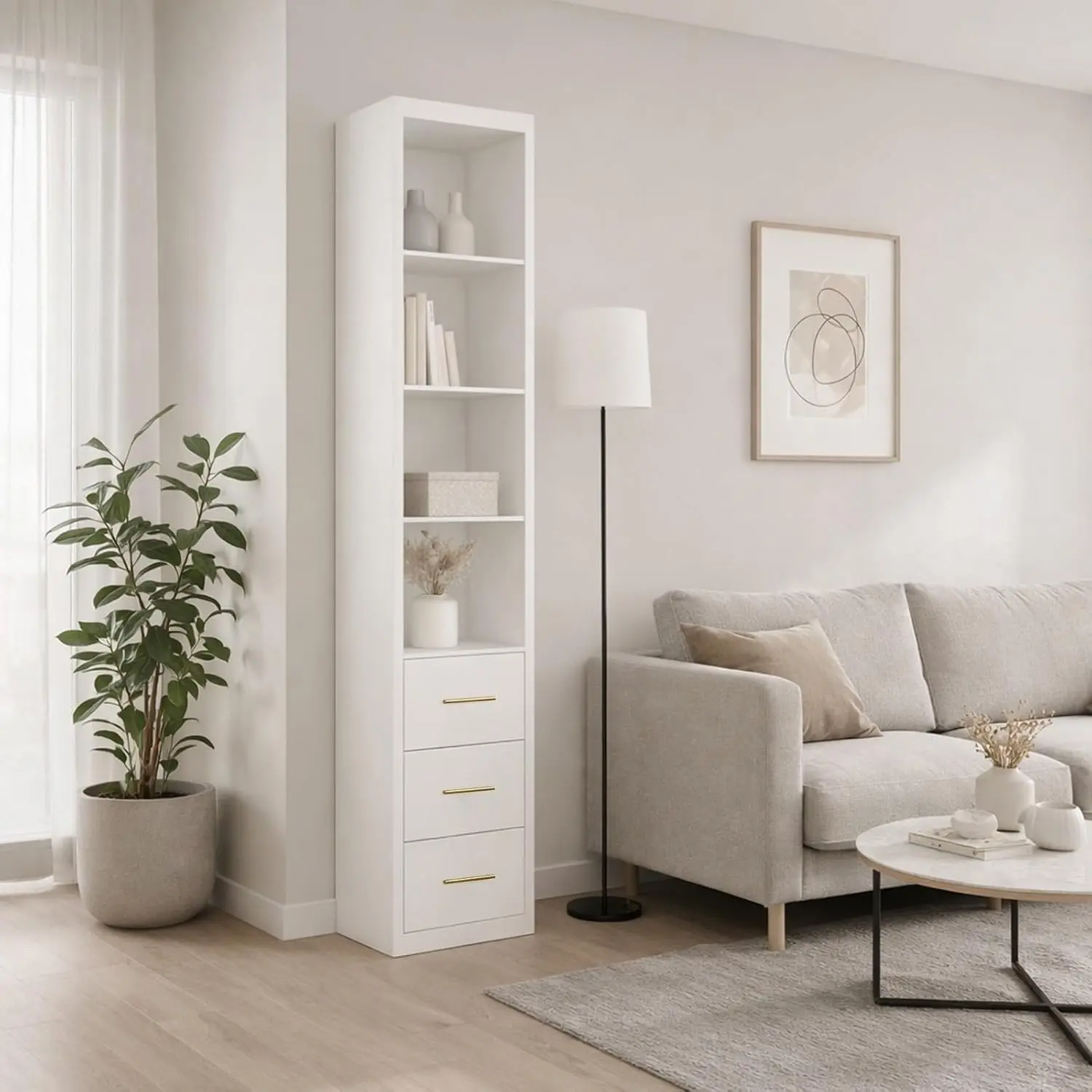 White Tall Storage Cabinet, Versatile Side Cabinet with 3 Drawers & 4 Open Shelves, Space-Saving Freestanding Organizer, Multi-Purpose Cabinet for Bedroom, Living Room, Bathroom & Study Room