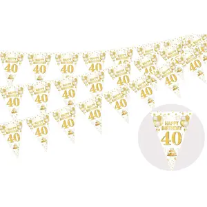 1Set 3 Pack 40th Happy Birthday Bunting Banner 36 Pieces Triangle Flag White and Gold 40th Birthday Decorations Birthday Pennant Banner for Men Women Birthday Anniversary Party Supplies