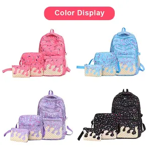 3 Pcs Custom Ice Cream Print Oxford Backpack Set Large Capacity Back to School Book Bag For Girls Teens Lightweight Durable Black Pink Blue Purple Kids Daily Travel School Bag Kit
