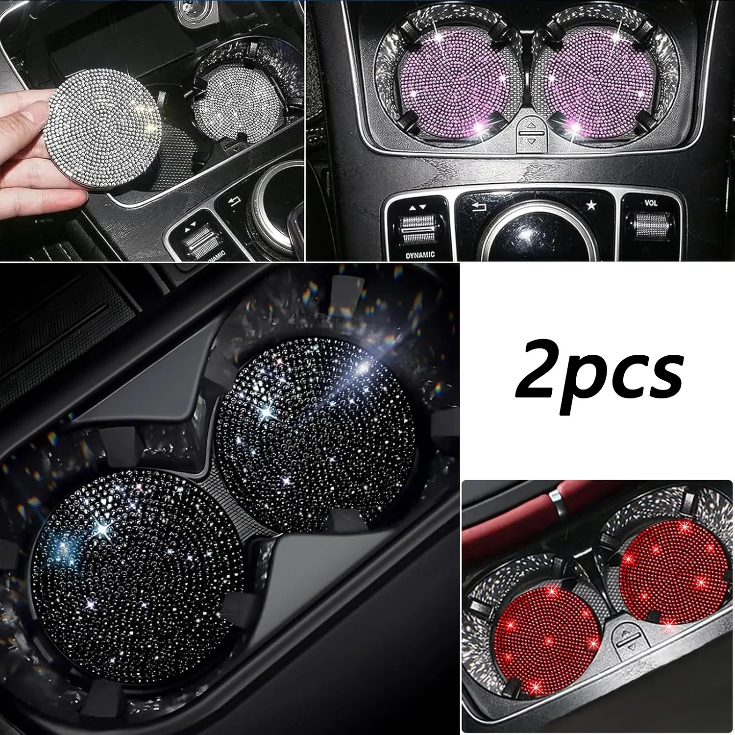 2 pcs Shiny Car Cup Holder Coasters, Anti-Slip Shockproof Cup Mats with Embedded Sparkling Crystal Rhinestones, Universal Car Interior Accessories, Car Accessories Cute