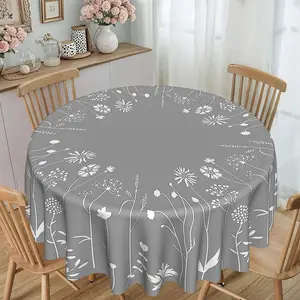 Simple Floral Print Tablecloth, Grey Round Rectangular Table Cover, Suitable for Wedding, Mother's Day, Birthday, Indoor Outdoor Home Party Decoration, Holiday Autumn Decor, Kitchen Festive Accessories, Fall Farmhouse Home Decor, Rectangle Tablecloth
