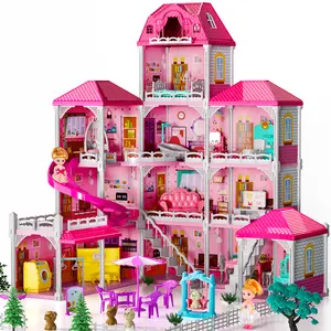 Doll House Toy Pretend Play Set for Girls Ages 2 to 7 Indoor and Outdoor Toys with 2 Dolls Accessories and Furniture Perfect Birthday Gift for Kids Ages 3 to 8