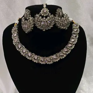 Polki AD necklace set with earrings and matching tikka