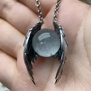 Vintage Angel Wing Necklace Gothic Crystal Sphere Pendant Dark Fairycore Grunge Jewelry Antique Silver Guardian Angel Amulet Magic Orb Healing Stone Alt Aesthetic Unisex Retro Talisman Charm Boyfriend Gift