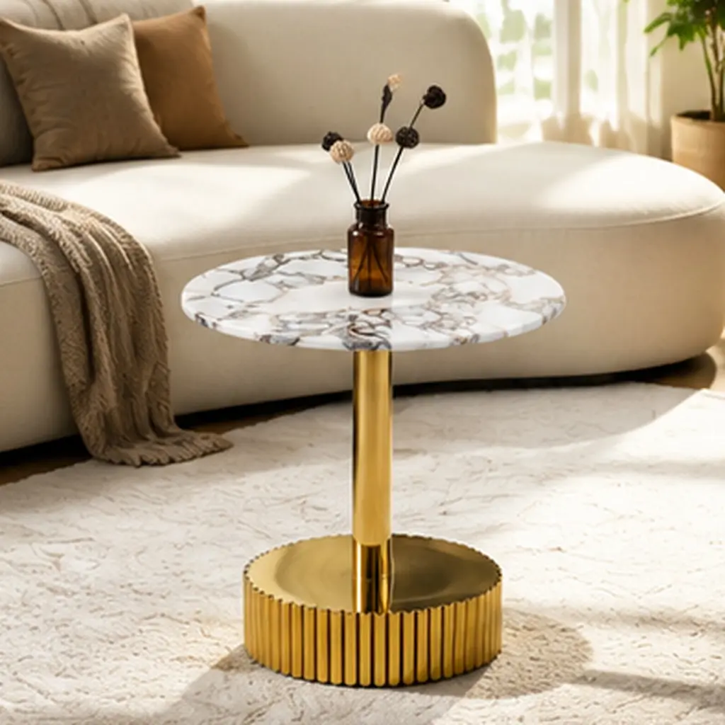 21.65 Inch Modern Round End Table Nightstand with White Marble Pattern Tempered Glass Top and Gold Stainless Steel Frame, Sofa Side Table for Living Room Bedroom, Easy Assembly, Freestanding, Gold+White Color Options, Tempered Glass+Sheet