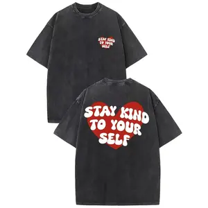 Stay Kind to Yourself "Retro style Women's pure T-shirt with heart-shaped pattern | Soft, breathable, machine washable | Casual round neck, summer off shoulder sleeve design, 230g washed retro fashion T-shirt, Women's large-sized double-sid
