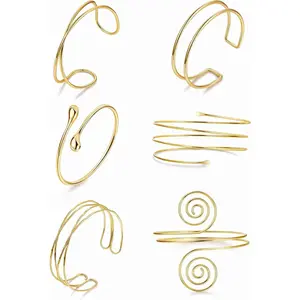 6 count  Arm Cuff Bracelets for Women Upper Armband Open Adjustable Wrist Arm Bangle Bracelets Set Minimalist Thin Stack Coil Swirl Trendy Armlet