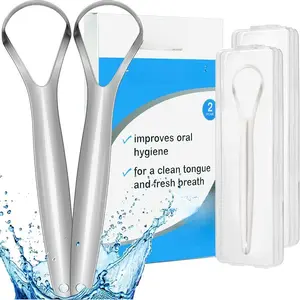 2-Pack Tongue Scraper, 100% 304 Surgical Stainless Steel Tongue Cleaner for Both Adults and Kids, Professional Reduce Bad Breath Metal Tongue Scrapers, Help Your Oral Hygiene (with 2 cases)