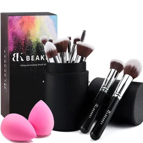 BEAKEY Makeup Brushes Set 12-Piece Complete Kit with 10 Professional Brushes & 2 Sponges for Face & Eye, High Quality, Perfect Gift for Beginners, Pros, Mother's Day, Birthdays & Travel Black Case