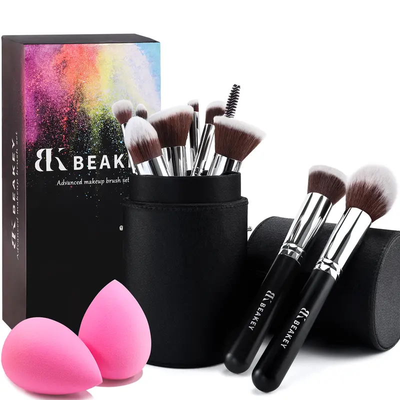 BEAKEY Makeup Brushes Set 12-Piece Complete Kit with 10 Professional Brushes & 2 Sponges for Face & Eye, High Quality, Perfect Gift for Beginners, Pros, Mother's Day, Birthdays & Travel Black Case