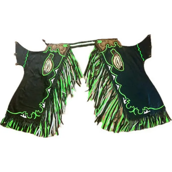 Adult Bull Riding Chaps Black & Green w Feathers Design Bull Riding Rodeo Chaps 36"-40" Waist / 41" Height