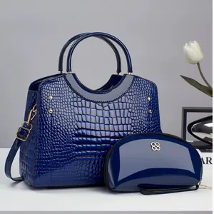 Elegant Blue Crocodile Pattern Handbag with Matching Cosmetic Case for Women