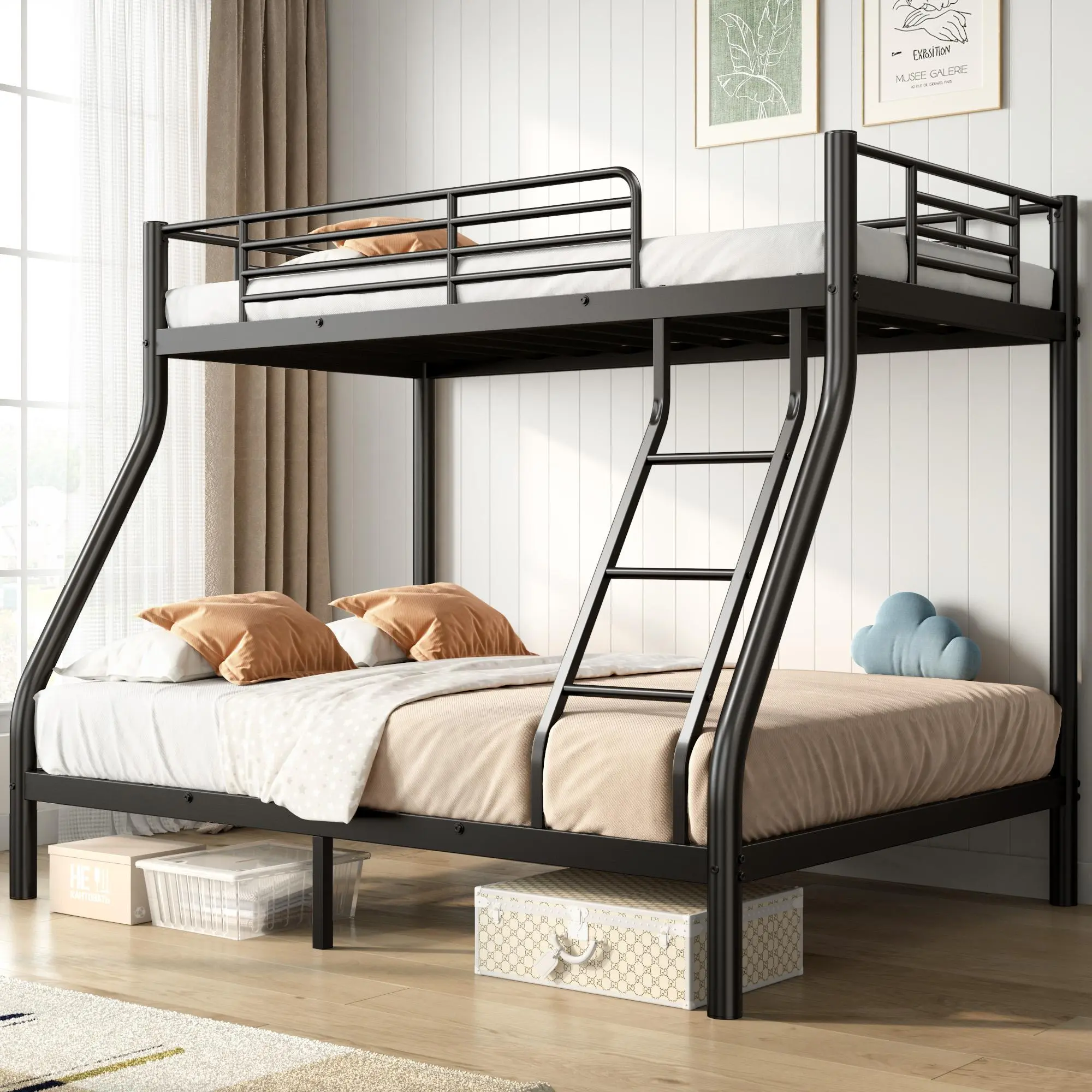 Twin Over Full Size Heavy Duty Metal Bunk Bed Frame, Minimalist Platform Design with Bottom Storage Space & Guardrail, No Box Spring Needed, Upgraded Black Slatted Bed Base for Adults, Dorm & Guest Room, Minimalist Platform Bed