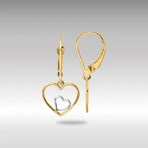 14K Gold Two-tone Heart in Heart Leverback Dangle Earrings - Model TE966