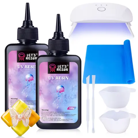 UV Resin Kit with Light for Beginners, 200g Low-Odor Clear Hard Resin, Fast Curing and Low Shrinkage, Silicone Mat and Craft Tools for DIY Jewelry, Earrings, Bag Charms and Handmade Christmas Gifts - LET'S RESIN