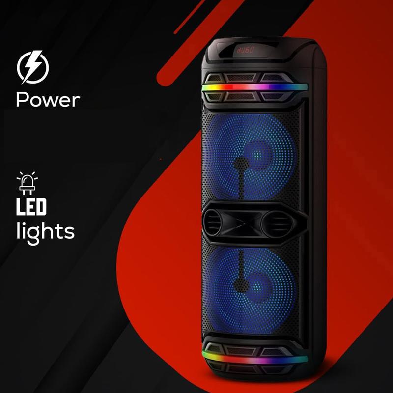 Powerful Bluetooth Party Speaker Dual 12" Woofer Portable Rechargeable Stereo Wireless Speaker With LED Lights FM Radio Wireless Microphone Karaoke Machine Audio