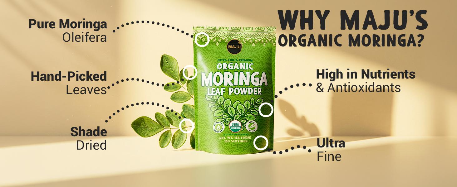 MAJU Organic Moringa Powder (1lb), Oleifera Leaf, Non-GMO and Raw, Shade Dried for Highest Nutrients, Add to Mixed Beverages Natural Superfood Nata