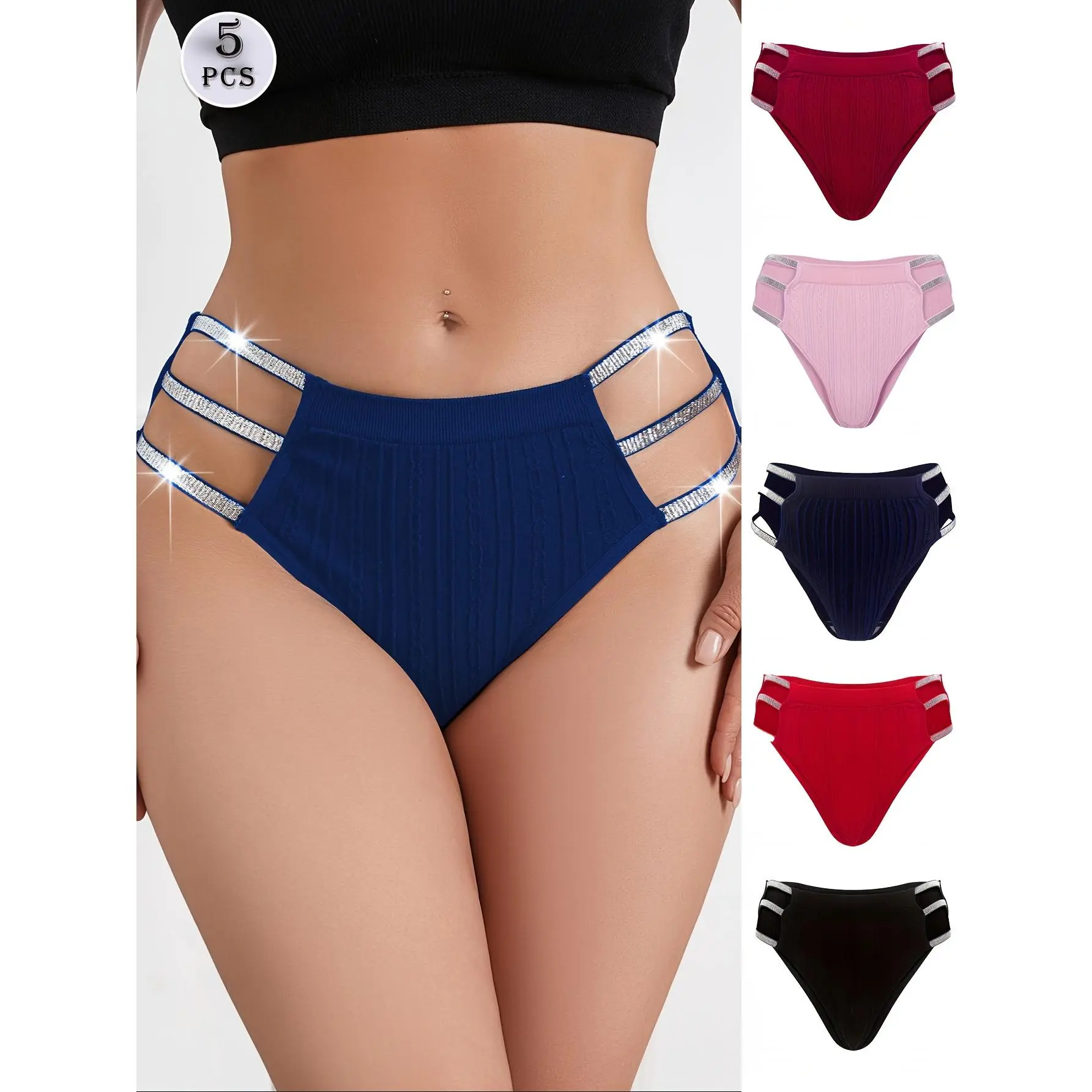 Women's 5-Piece Low-Rise Plain Panty Set - Shiny Waistband Hollow-Out Triangle Underwear, Mixed Colors, Mature Elegant, Soft, Breathable, Highly Elastic