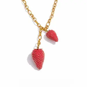 Strawberry Pendant Necklace for Women Waterproof Sweet Red Lovey Stainless Steel Trendy Jewelry 2025 Novelties