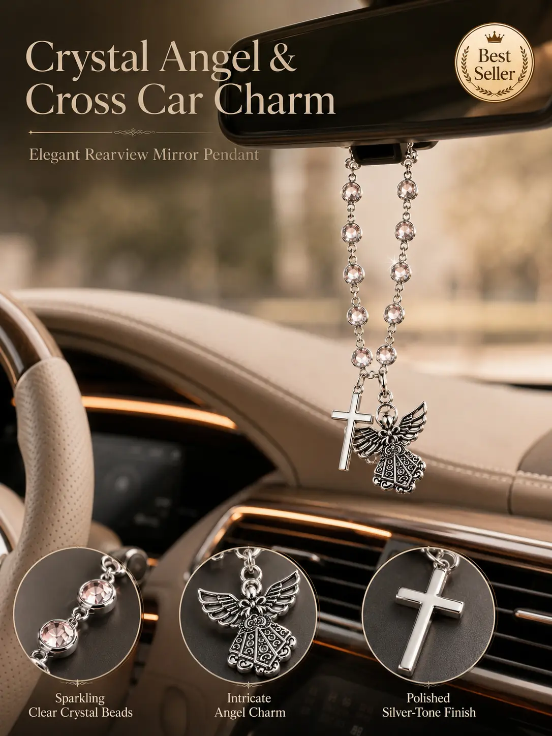 2026 New Crystal Angel & Cross Car Charm - Elegant Rearview Mirror Pendant, Sparkling Beads, Religious Auto Decor Gift
