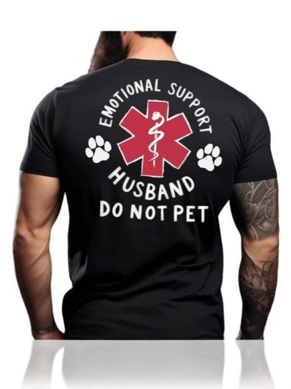Men's Classic Funny Emotional Support Husband Graphic Cotton T-shirt - Short Sleeve, Paw-Print Design, Matching Menswear, Soft Fabric, Casual Daily Tee