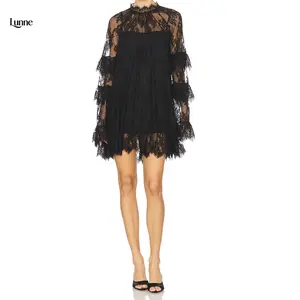 Women Lace Dress, Long Sleeve Crew Neck Sheer Dress Cocktail Backless Lace Bikini Cover Up Embroidery Oversize Mini Beach Dress Half Sleeve Swimwear Dress Fall Mini Dress