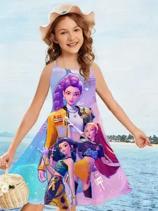 Girls Kpop Series Strapless Dress, Gradient Colorful Group Illustration 3D Printed Sleeveless A-Line Skirt, Street Style Cool Girl Choice