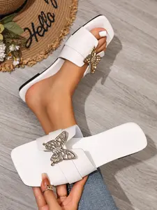 Women's Fashionable Simple Home & Outdoor Butterfly Flat Sandals, Summer Casual Plain Design, PU Material, Rubber Sole, Butterfly Decorated Slides