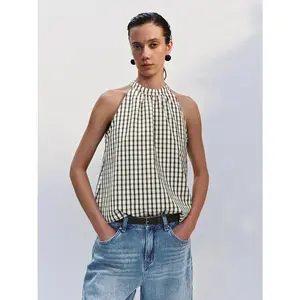 URBAN REVIVO 2026 Women's Fitted Thin Checkered Print Crew Neck Sleeveless Overhead Tank Top - Casual, Polyester-Cotton-Viscose Fabric, All-Season Womenswear Camisole